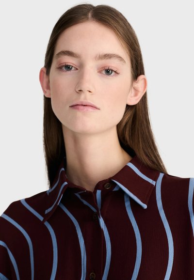 Jeune femme aux cheveux bruns et raides portant une chemise bordeaux à rayures verticales bleu clair sur un fond uni.