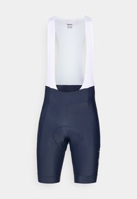 Pantalones cortos de ciclismo de color azul marino con tirantes blancos, que cuentan con un área de asiento acolchada, tela elástica y un acabado suave para mayor comodidad y soporte.