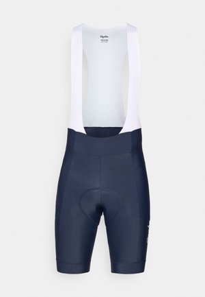Calções de ciclismo em azul-marinho com alças brancas, apresentando uma área de assento almofadada, tecido elástico e acabamento suave para conforto e suporte.