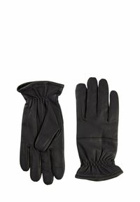 Ein Paar schwarze Lederhandschuhe mit elastischen Handgelenken, flach gezeigt, wobei einer der Handschuhe mit der Innenfläche nach oben und der andere mit der Rückseite nach oben auf weißem Hintergrund liegt.