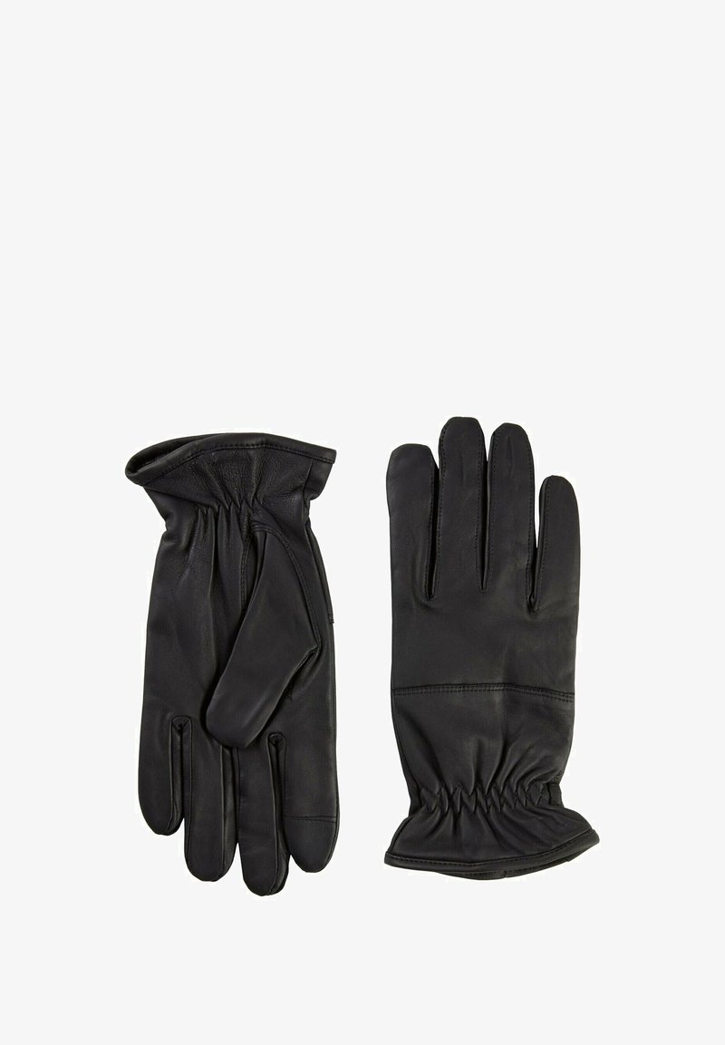 Ein Paar schwarze Lederhandschuhe mit elastischen Handgelenken, flach gezeigt, wobei einer der Handschuhe mit der Innenfläche nach oben und der andere mit der Rückseite nach oben auf weißem Hintergrund liegt.