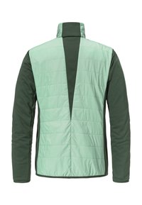 Gepolsterte Jacke mit einem grünen Fleece-Körper und einem hellen Mint-Frontpaneel sowie einem Stehkragen. Sauberes, modernes Design mit Farbblocking.