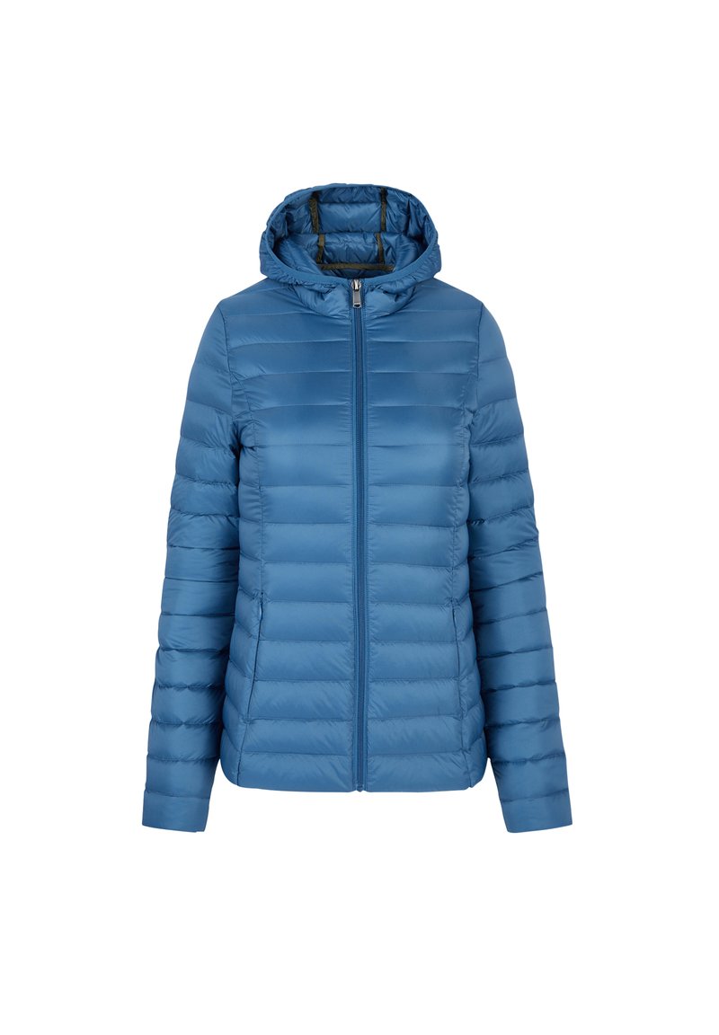 Gevoerde hooded jas in een diepblauwe kleur, met een horizontaal gestikt ontwerp, een rits aan de voorkant en twee zijzakken. Gladde textuur.