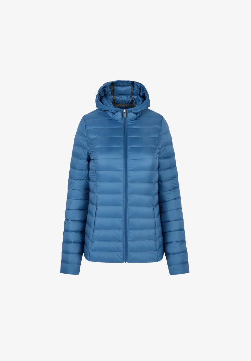 Gevoerde hooded jas in een diepblauwe kleur, met een horizontaal gestikt ontwerp, een rits aan de voorkant en twee zijzakken. Gladde textuur.