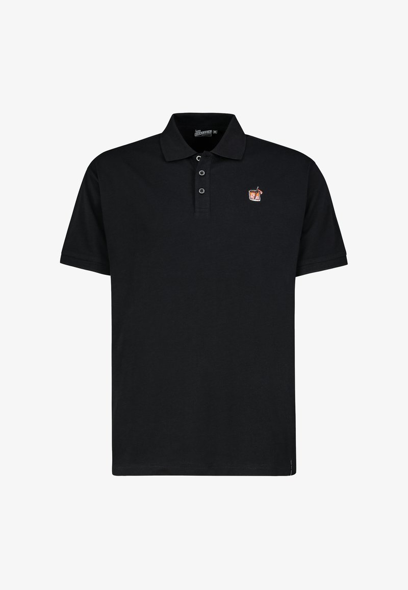 Schwarzes Poloshirt aus Baumwolle mit Kragen, drei Knöpfen und einem kleinen gestickten Logo auf der linken Brust. Kurze Ärmel.