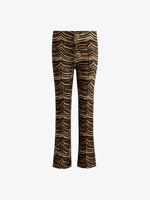 Pantalones acampanados de tejido texturizado con un patrón ondulado en negro, blanco y marrón. La cinturilla es plana, lo que realza la silueta ceñida.