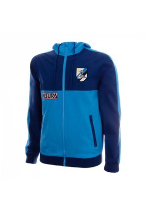 Blauw en marineblauw zip-up hoodie met voorzakken, een capuchon, een "MISURA" patch op de borst en een wapenschild met een ster en vogel embleem.