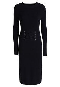 Robe midi noire à manches longues côtelées avec encolure ronde et détail lacé à la taille.