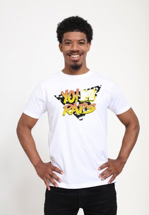 White cotton t-shirt featuring a colorful graphic that includes text "YO! MTV RAPS" in yellow and red on a black triangular background.