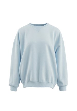 Hellblauer oversized Pullover mit langen Ärmeln, gerippten Bündchen und einem gerippten Saum, mit einem Rundhalsausschnitt mit V-förmiger Naht.