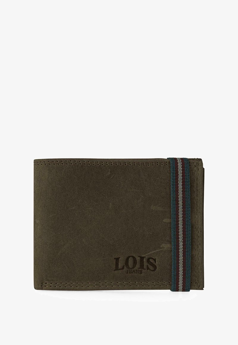 Cartera de ante verde con bordes cosidos, con un acento de banda elástica de rayas múltiples y logotipo en relieve "LOIS JEANS".