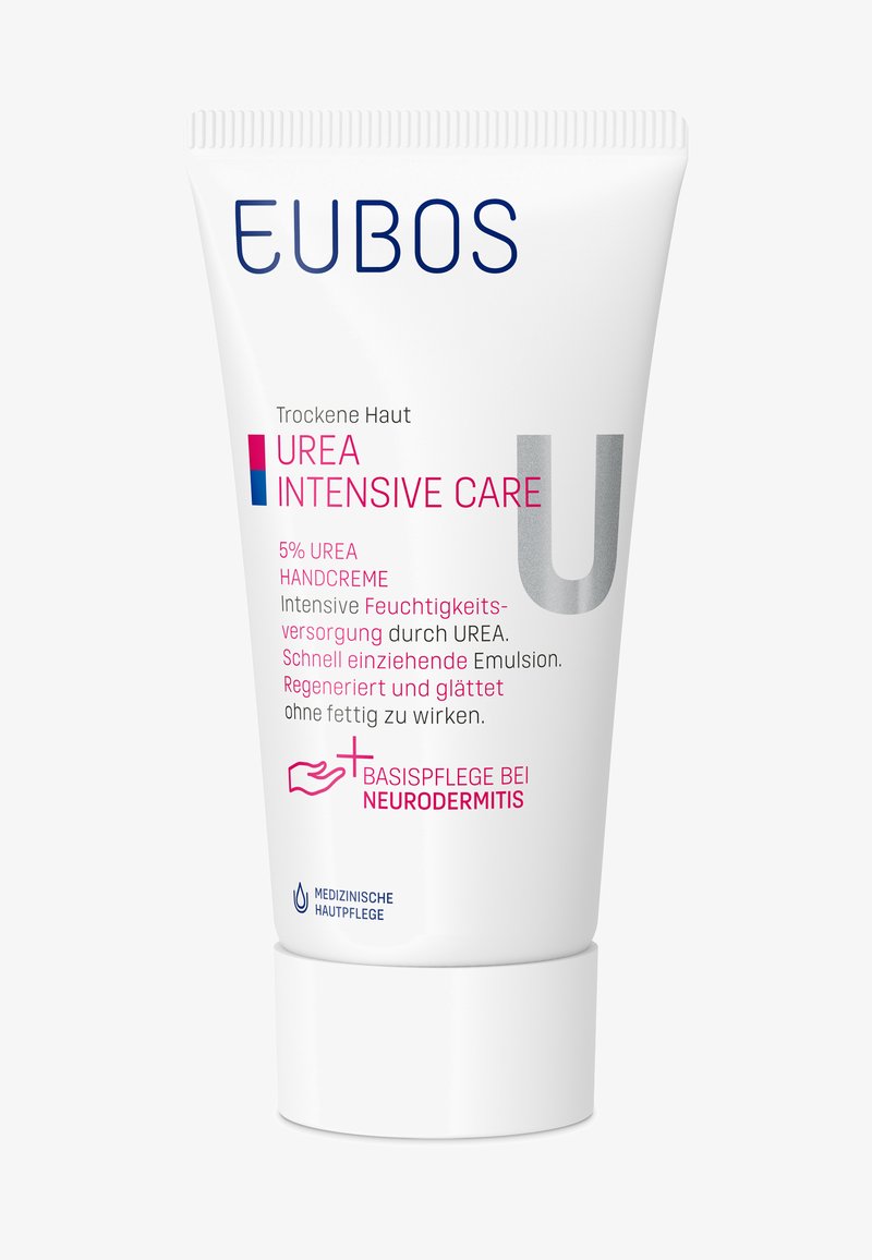 EUBOS Urea Intensive Care Handcreme Tube für trockene Haut mit 5 % Urea, feuchtigkeitsspendend und glättend, geeignet zur Neurodermitis-Pflege.