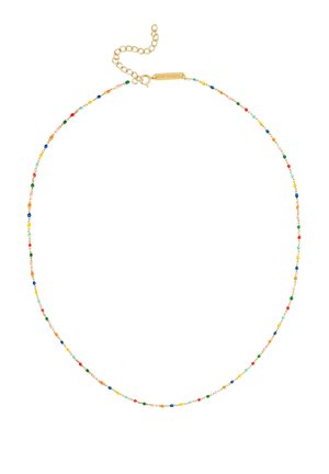 Delikatny złoty naszyjnik z małymi, wielokolorowymi koralikami równomiernie rozmieszczonymi oraz złotym regulowanym zapięciem na łańcuszku u góry.