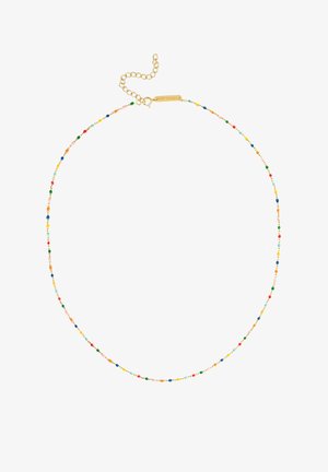Collier délicat en or avec de petites perles multicolores espacées uniformément et une chaîne à fermoir réglable en or en haut.