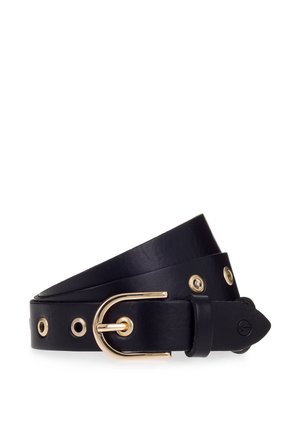 Black leather belt with a gold metal buckle, featuring rivets along one side and a smooth texture, tapering towards the end.