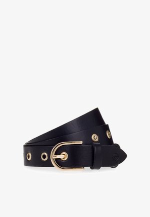 Black leather belt with a gold metal buckle, featuring rivets along one side and a smooth texture, tapering towards the end.