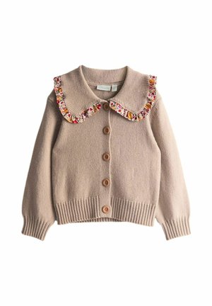 Beige gestrickte Strickjacke mit einem runden Kragen im Blumenmuster, gerippten Bündchen und Saum sowie Holzknöpfen vorne.
