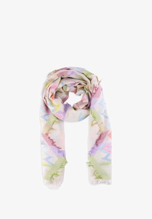 Jasno-beżowy szalik z pastelowymi geometrycznymi wzorami w kolorach różowym, zielonym, niebieskim i żółtym, z postrzępionymi brzegami i miękkim, lekkim materiałem.