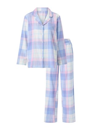 Blauw-roze geruite katoenen pyjamaset met een knoopsluiting, een top met lange mouwen en een broek met elastische tailleband, een ontspannen pasvorm en een gladde textuur.