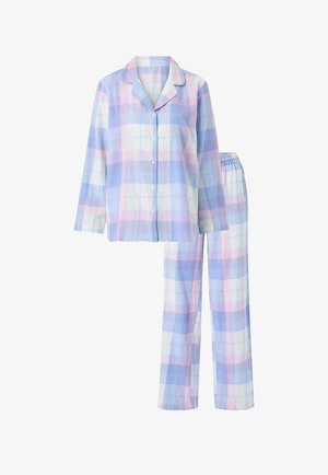 Blauw-roze geruite katoenen pyjamaset met een knoopsluiting, een top met lange mouwen en een broek met elastische tailleband, een ontspannen pasvorm en een gladde textuur.