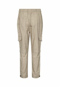 Pantalon cargo beige avec taille élastique, doté de deux poches latérales, tissu texturé et boutons décoratifs aux poignets.