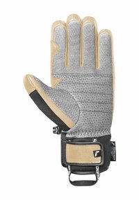 Handschuh mit einer strukturierten grauen Innenhand, beigen Akzenten und einem schwarzen verstellbaren Handgelenkriemen. Entwickelt für Wärme und Grip.