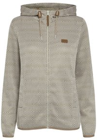 Veste à capuche zippée en tissu beige texturé avec un motif en losange, dotée d'accents marron clair et d'un cordon de serrage, deux poches avant.