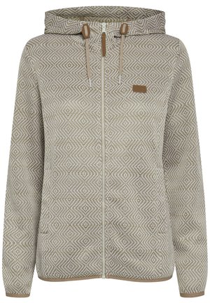 Hooded zip-up-jacka i ett strukturerat beige tyg med en diamantmönster, med bruna accenter och snörning, två framfickor.