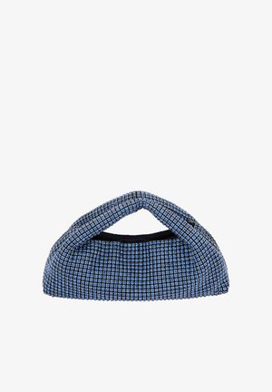 Borsa in rete blu con manico rotondo, decorata con piccoli accenti scintillanti in un motivo a griglia e un interno nero solido.