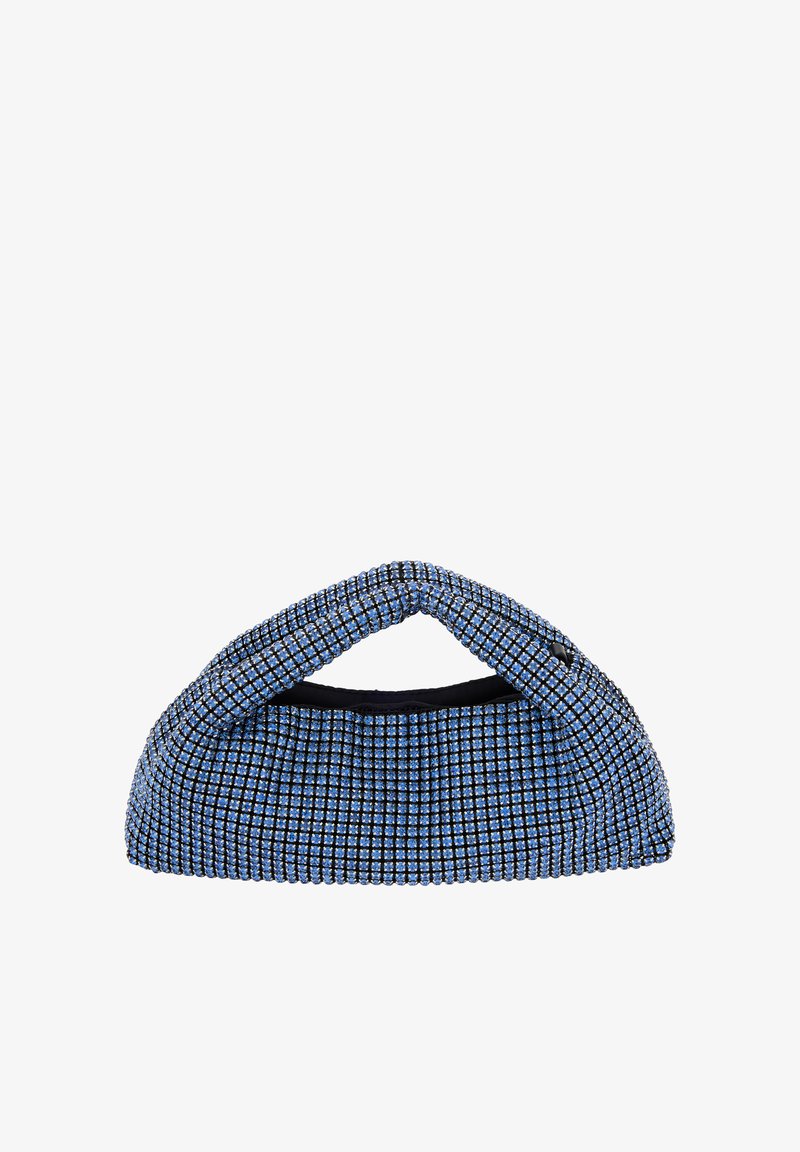 Modrá sieťová taška s rounded top uchom, zdobená malými trblietavými akcentmi v mriežkovanom vzore a s pevným čiernym vnútrom.