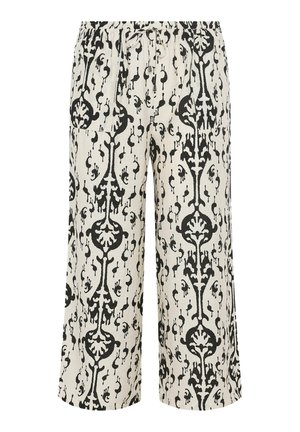 Loose-fit, mid-length pants with black and white abstract floral pattern, elastic waistband, and front patch pockets.