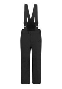 Schwarze wasserdichte Schneehosen mit verstellbaren Schulterträgern und vorderem Knopfverschluss, entworfen für Aktivitäten im Freien im Winter.