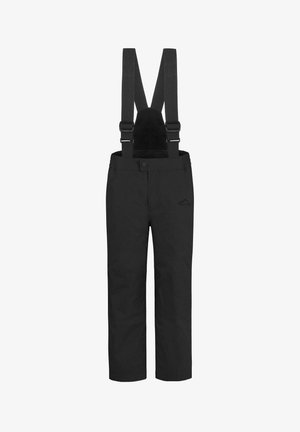 Black waterproof snow pants with adjustable shoulder suspenders and front button closure, designed for outdoor winter activities.