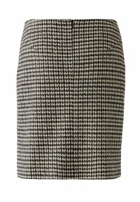 Jupe pied-de-poule en noir, blanc et marron. Design ajusté avec une forme crayon et fermeture éclair à l'arrière. Le tissu texturé ajoute un intérêt visuel.