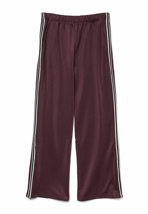 Pantaloni sportivi bordeaux con una finitura testurizzata, vita elasticizzata e strisce laterali bianche. Design a gamba dritta e senza tasche visibili.