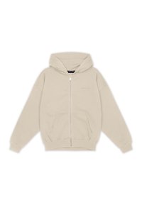 Beige zip-up hoodie med dragsko på huvan, framfickor och ribbade ärmar. Mjuk textur, avslappnad passform med minimal logotyp på bröstet.