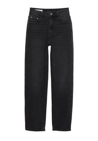Zwarte denim jeans met een recht model, voorzien van een knoopsluiting, vijf zakken en subtiele stikdetails.