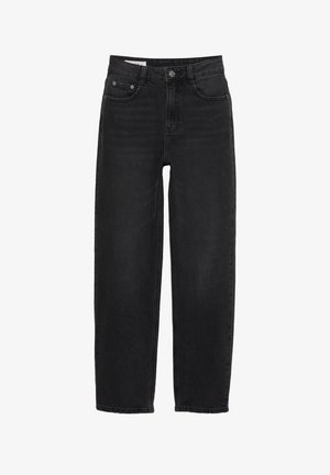 Zwarte denim jeans met een recht model, voorzien van een knoopsluiting, vijf zakken en subtiele stikdetails.