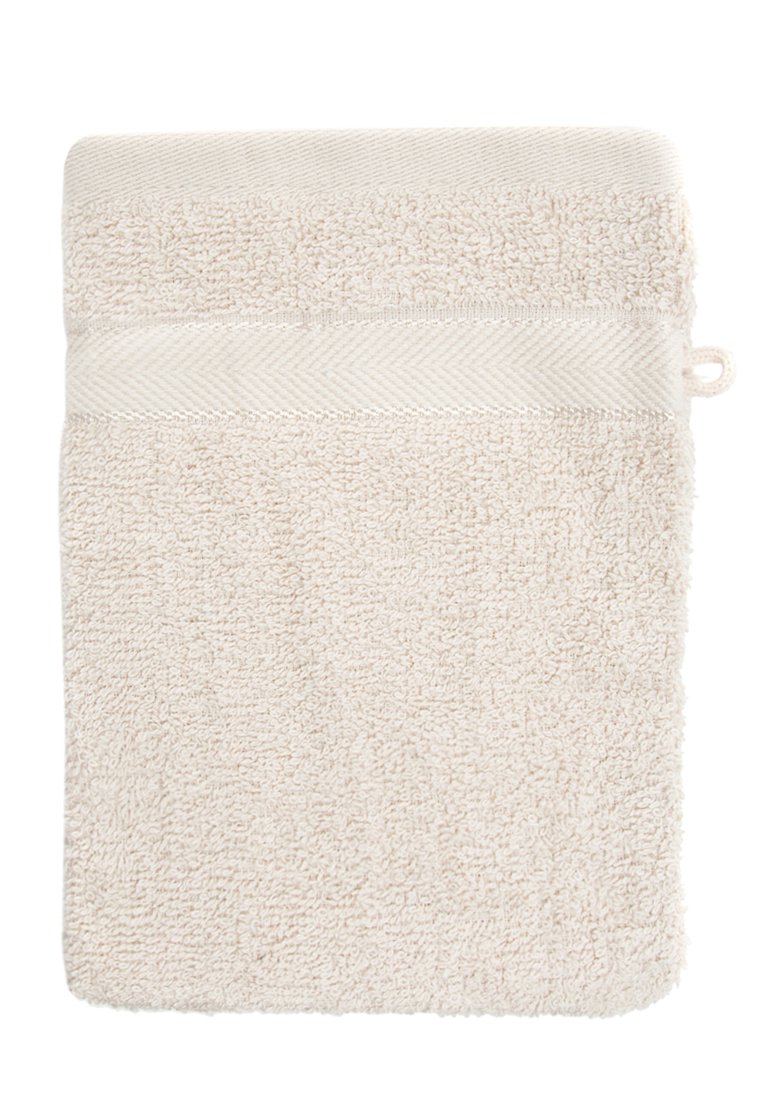 Beige Handtuch aus strukturiertem Baumwollstoff mit einer weichen Frottee-Oberfläche. Verfügt über einen gewebten, flachen Bund an einer Kante. Inklusive Aufhängeschlaufe.