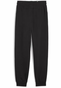 Czarne dresy wykonane z miękkiego materiału, z elastycznym pasem. Zwężane nogawki z elastycznymi mankietami i bez widocznych wzorów lub akcentów.