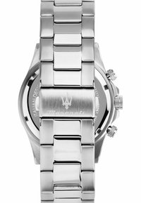 Armbanduhr aus Edelstahl mit polierter Oberfläche, großen Chronographenknöpfen, strukturierter Krone und einem Verschluss mit dem Maserati-Logo.