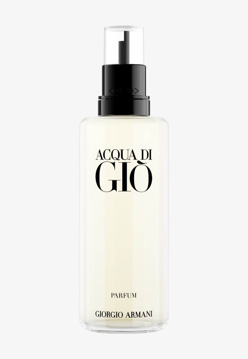 Acqua di Giò Parfum van Giorgio Armani in een transparante cilindervormige sprayfles met zwarte pomp en etikettekst.