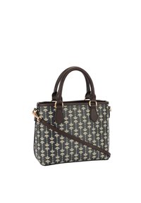 Sac à main avec un motif floral sombre sur fond beige, poignées en cuir noir et accents en métal doré. Comprend une bandoulière amovible.