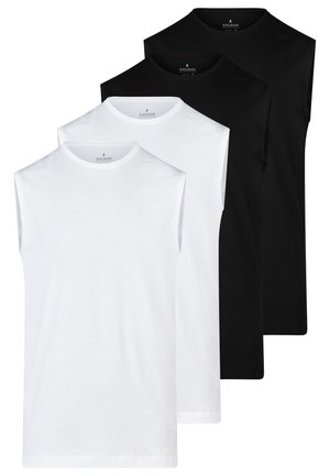 To hvide og to sorte ærmeløse bluser med rund hals stablet i vekslende farver.