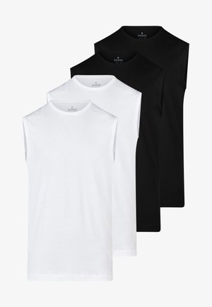 Due magliette senza maniche, una bianca e una nera, con scollo girocollo, impilate a strati alternati.