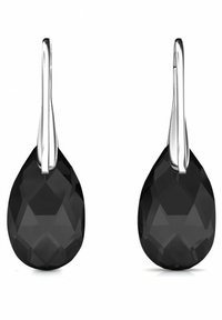 Orecchini a goccia neri e sfaccettati con ganci in metallo argentato. Ogni orecchino presenta una superficie liscia e bordi netti.