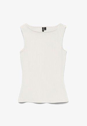 Top sin mangas de punto acanalado blanco con escote amplio en forma de u y silueta ajustada, mostrado extendido sobre fondo blanco.