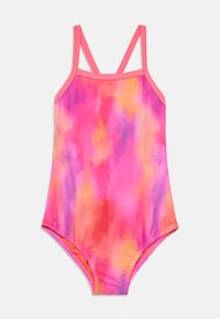 Μαγιό με σχέδιο tie-dye σε αποχρώσεις ροζ, πορτοκαλί και μοβ. Κατασκευασμένο από λείο ύφασμα με λεπτές, ρυθμιζόμενες τιράντες.