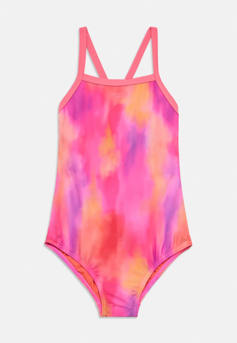 Μαγιό με σχέδιο tie-dye σε αποχρώσεις ροζ, πορτοκαλί και μοβ. Κατασκευασμένο από λείο ύφασμα με λεπτές, ρυθμιζόμενες τιράντες.