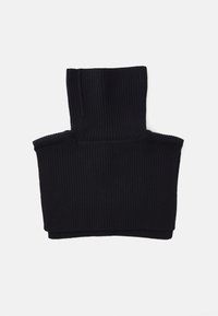 Black ribbed neck warmer with a high collar design. Soft texture, featuring a seamless, tubular shape and no visible hardware.
